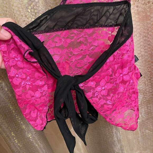 Hot Pink Black Lace Padded Push Up Tie Back Baby Doll Lingerie Med NWOT - Picture 7 of 8